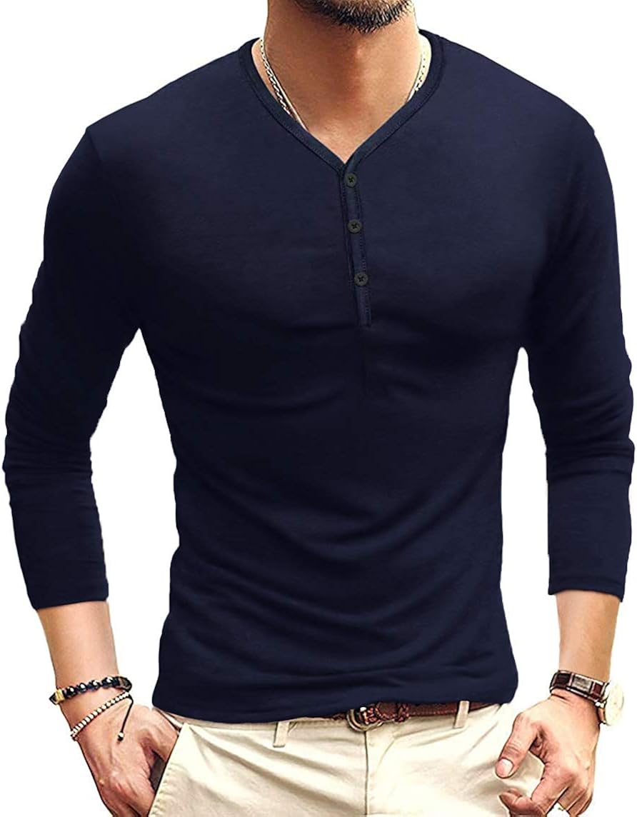 MLANM Mens Casual Slim Fit Basic Henley Short/Long Sleeve Fashion ...