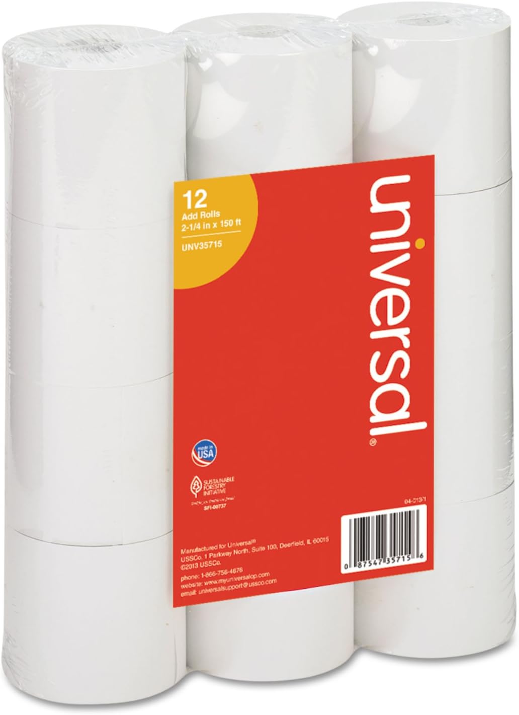 Universal Adding Machine/Calculator Roll, 2-1/4"x150 ft White 12/Pack, UNV35715