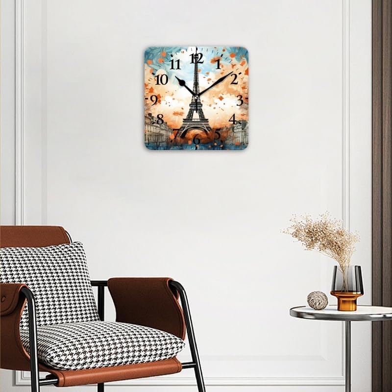 Quartz Wall Clocks Non-Ticking Silent Battery Operated Modern Wall Clocks Decorative for Home,Bedroom-Eiffel Tower Maple Leaf Autumn in Colorful(16inch)