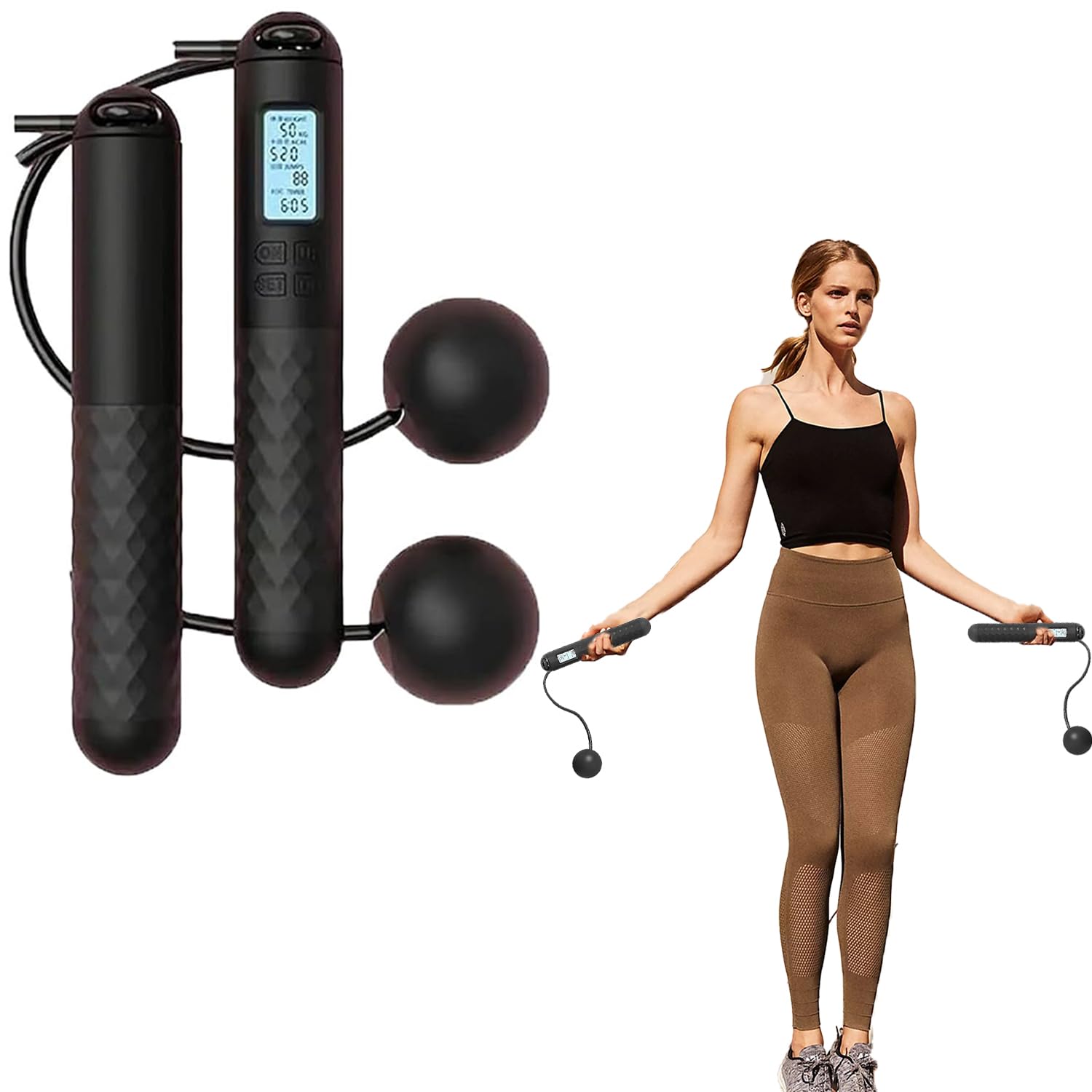 Ropeless Skipping Rope, Cordless Skipping Ropes for Adults, Wireless Skipping Rope with Counter, Smart Digital Gravity Ball Jump Rope without Rope for Home Workout Equipment for Women Men (Black-A)