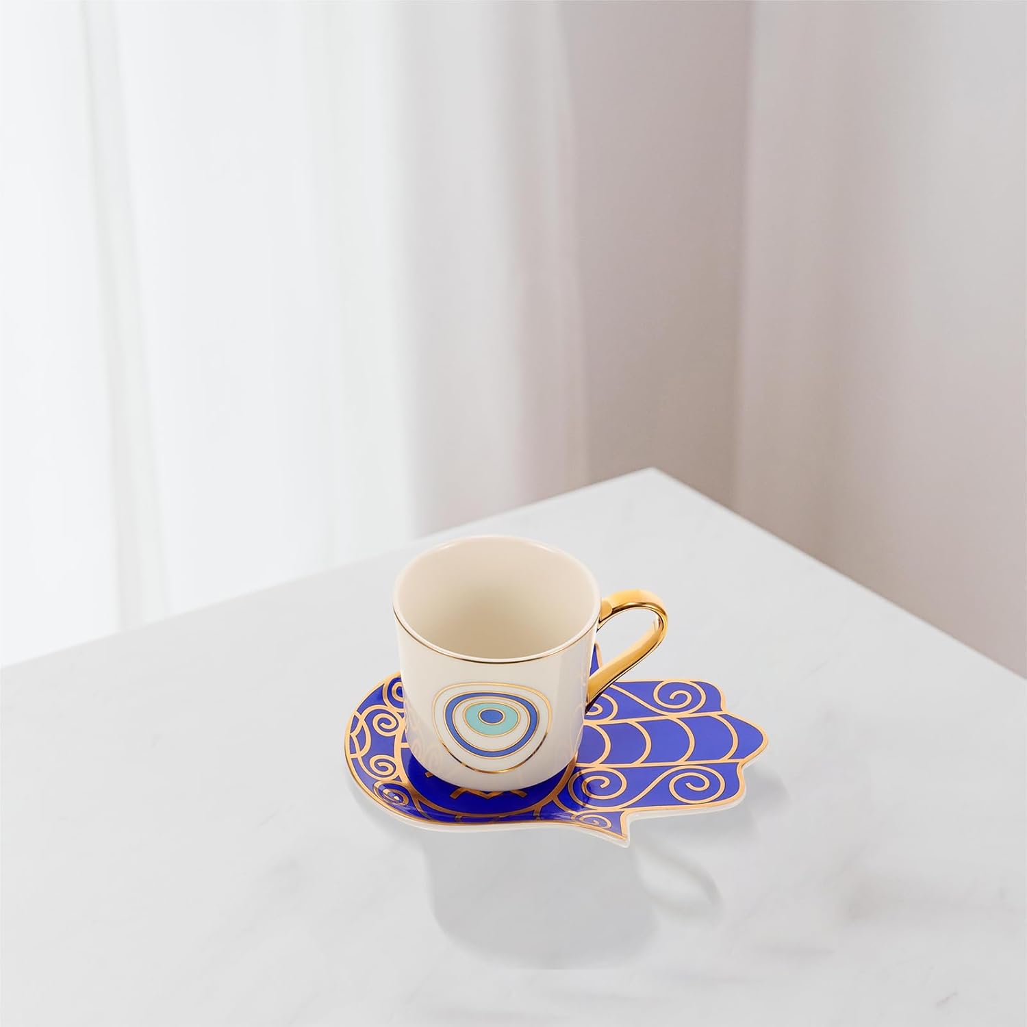 Zerodeko 2-Pack Evil Eye Ceramic Teacup & Saucer Set - Modern, Dishwasher Safe, Lightweight, 10.5x7.5x7.5cm, White, Floral Pattern - Image 5