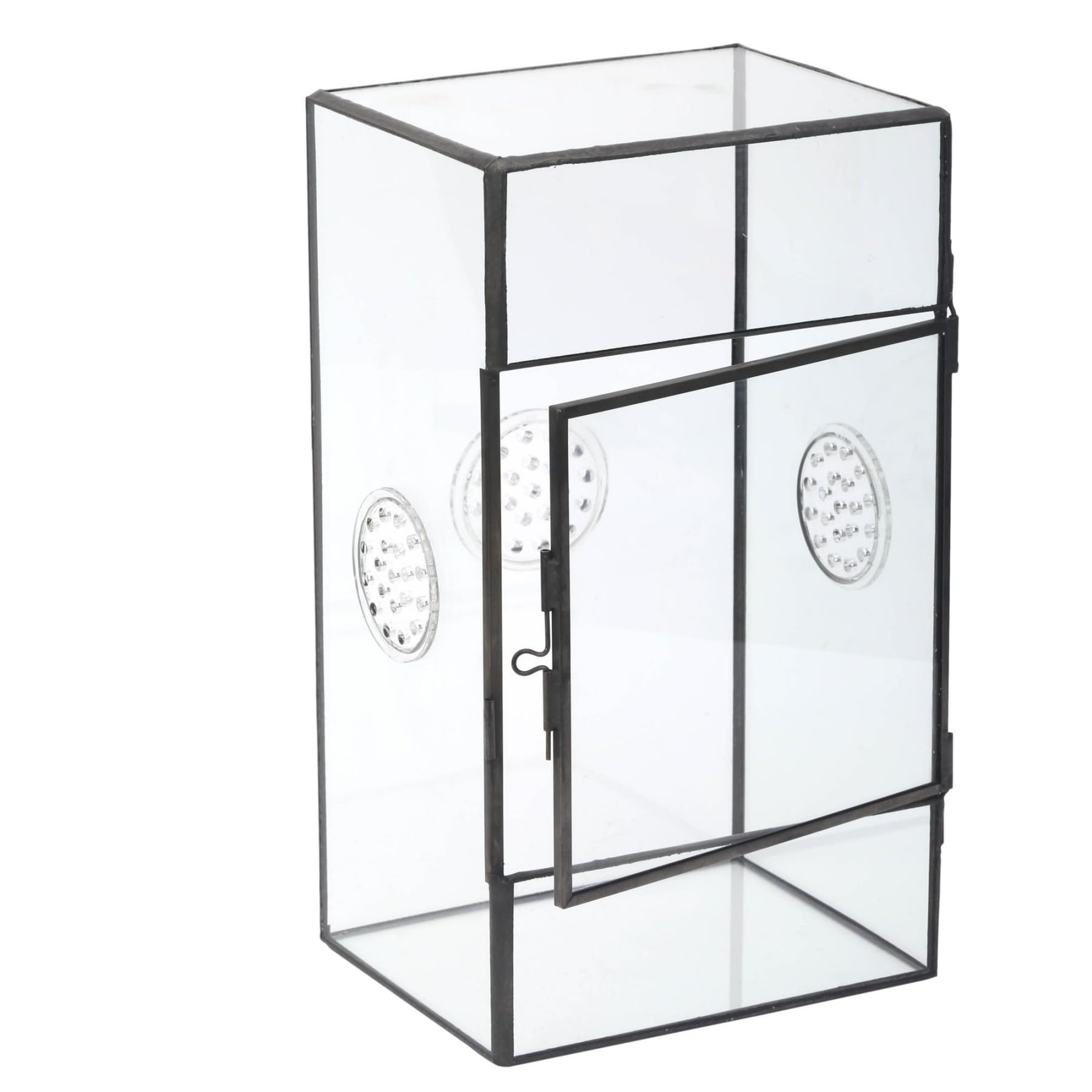 NCYP Terrario rettangolare in vetro con porta laterale e tre fori di ventilazione fatto a mano,13x10x23 cm, nero geometrico terraio per piccoli insetti, decorazione per casa e giardino (solo terrario)