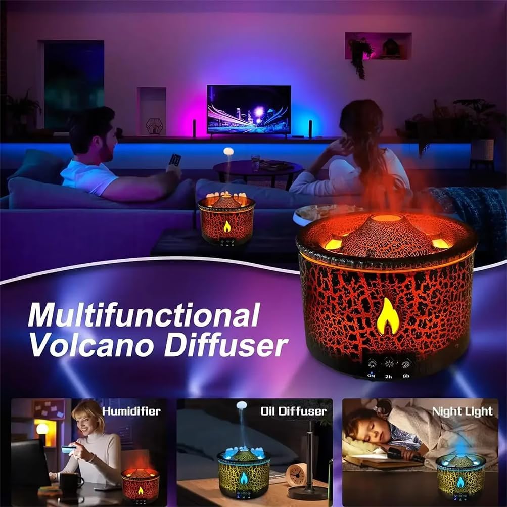 Diffusore umidificatore con telecomando, capacità 360 ml, modalità fiamma/meduse, luce notturna e spegnimento automatico senza acqua, timer, aromaterapia per casa e camera da letto