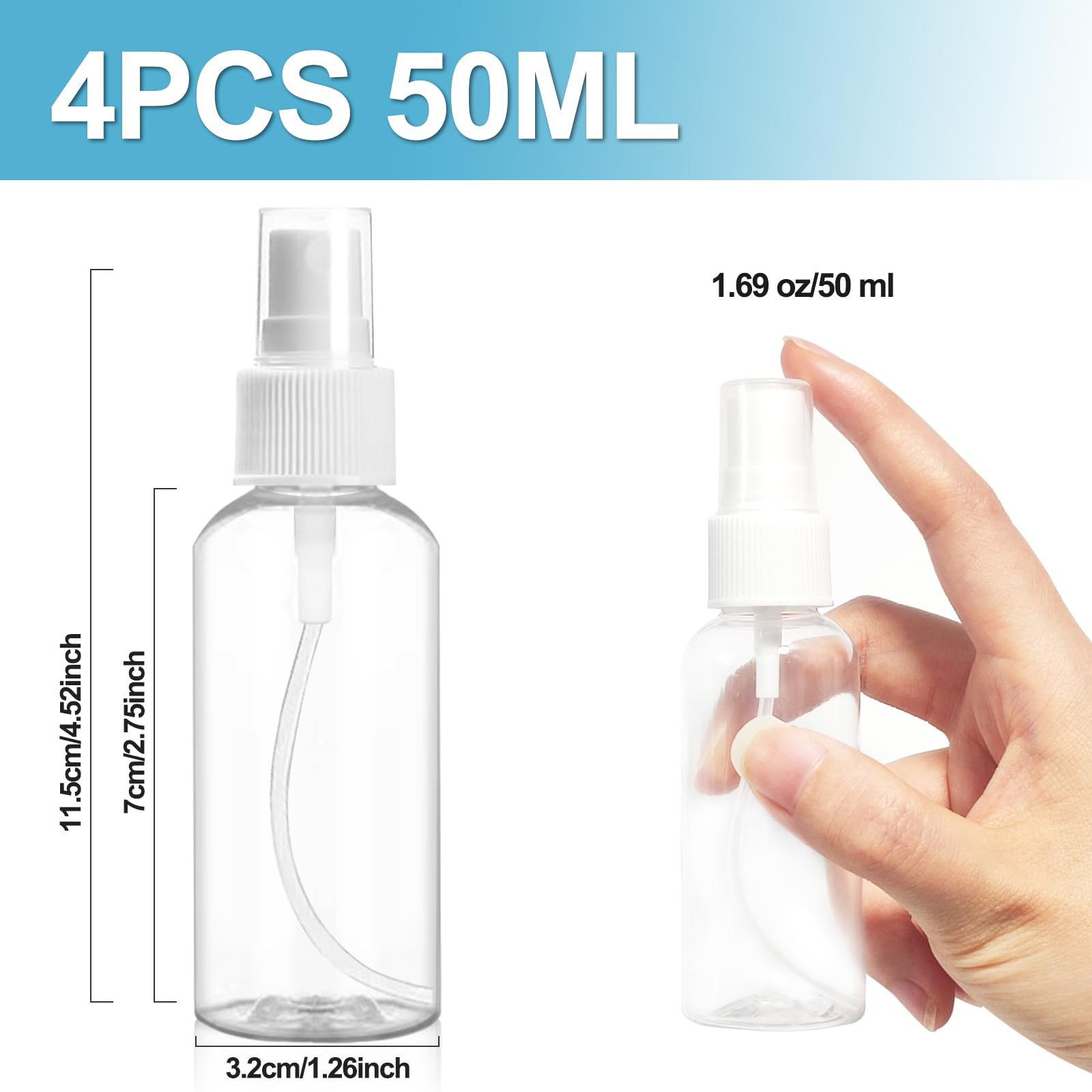 Redamancy 4szt. mini butelki do podróży z rozpylaczem, 50 ml pojemności, buteleczki do wielokrotnego napełniania do kosmetyków, perfum