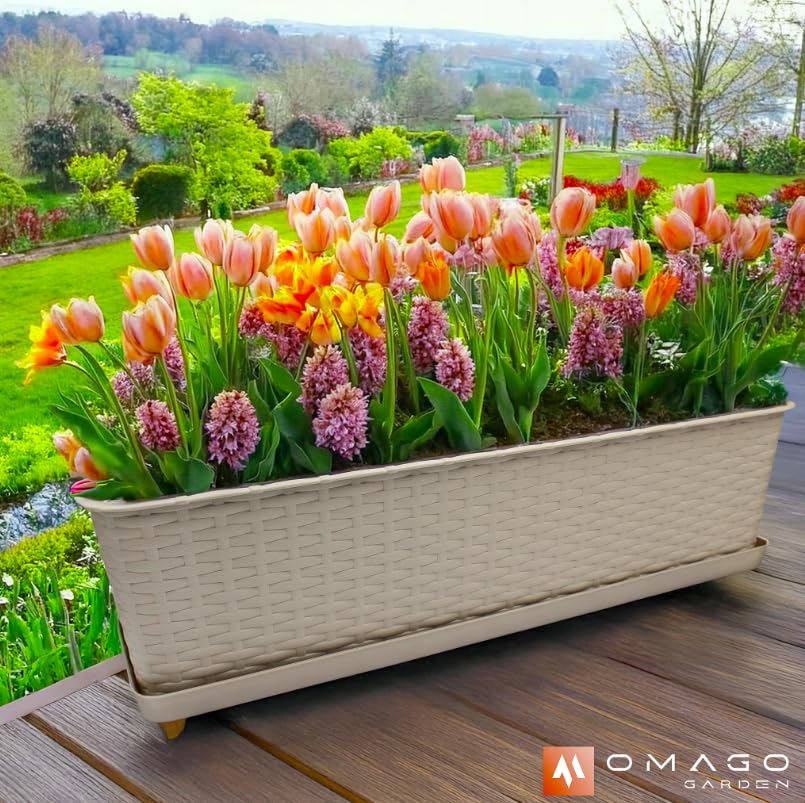 OMAGO® Ensemble de jardinières en rotin pour Balcon avec système d'accrochage et Support, Pots de Fleurs pour balustrades, pour balcons et balustrades, Couleur Beige