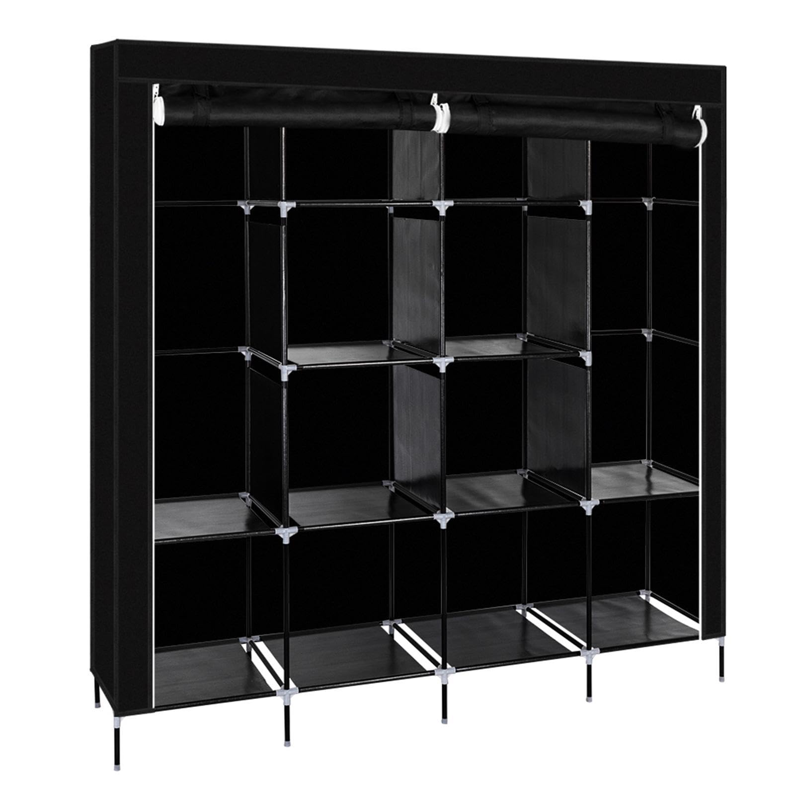 Penderie armoire de rangement en tissu noir portable avec 12 étagères et 4 poches
