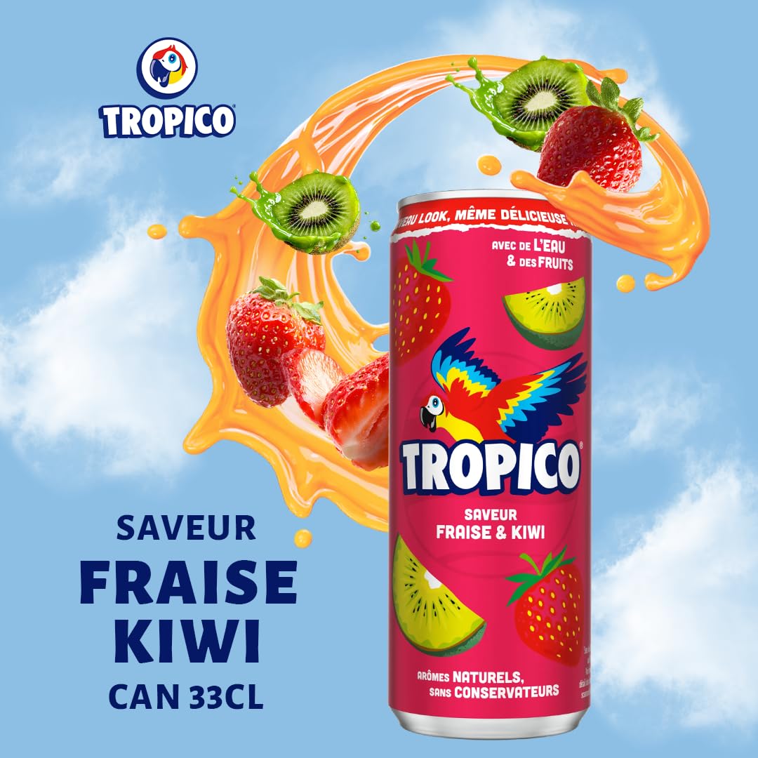 Tropico Boisson aux Fruits Saveur Fraise et Kiwi, Canette 33cl, Pack de 24