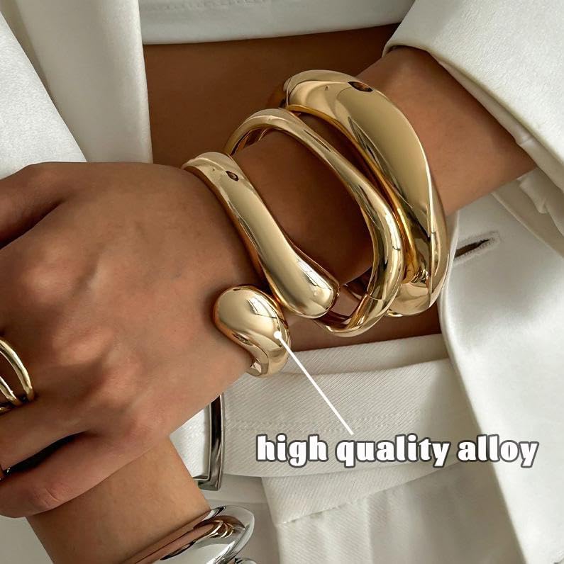 Dodder Chunky Gold Bangle Bracelets for Women, 14K Gold Plated Bangle Cuff Bracelet Set, Gold Bracelet Stack - Image 4