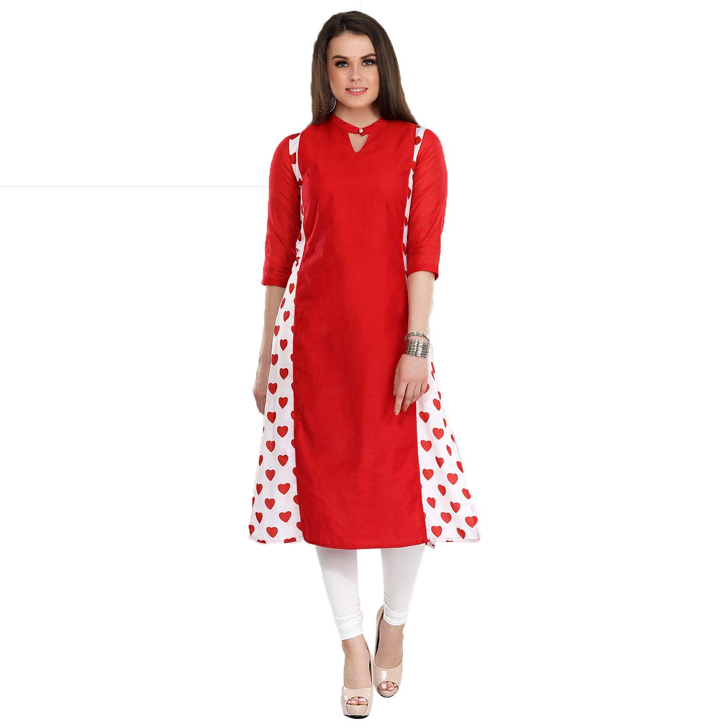 Alboran Red and White Heart Print Kurti for Women