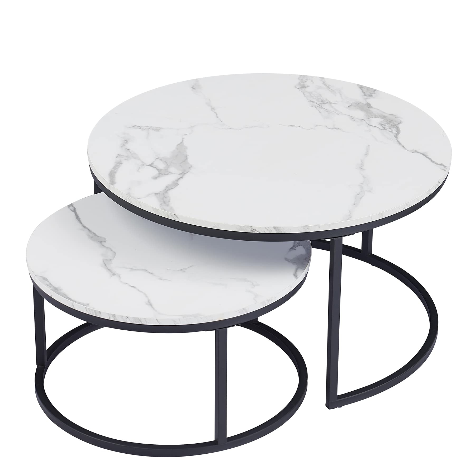 Juego de 2 Mesas de Centro Nido con Estructura Negra; Mesas de Centro Redondas Modernas para Salón, Dormitorio, Balcón, Oficina. Grande: 60*60*45cm; Pequeño: 40*40*35cm (Blanco/Negro)
