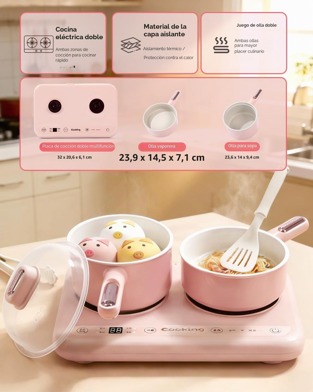 BICRET Juego de Cocina Eléctrica para Niños con Doble Fuego, Accesorios Completos, Incluye Utensilios de Cocina y Cuchillo de Chef Seguro, para Niños de 8 a 12 Años (Rosa)