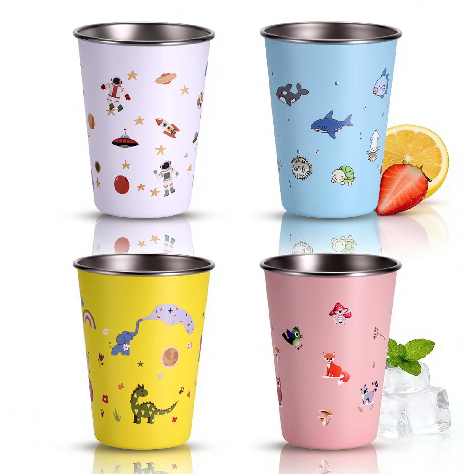 Hejo 4 Stück Kinderbecher aus Edelstahl, 350ml Haltbarer Trinkbecher für Kinder Mehrweg Edelstahlbecher für Jungen＆Mädchen (Blau Pink Gelb Weiß)