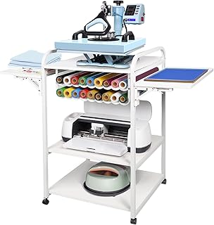 Prime Vinyl 3 Tier Movable Heat Press Table for All Cutting Machines with Vinyl Roll Holders, Heat Press Stand for DIY Craft Table, Heat Press Machine with Folding Shelf