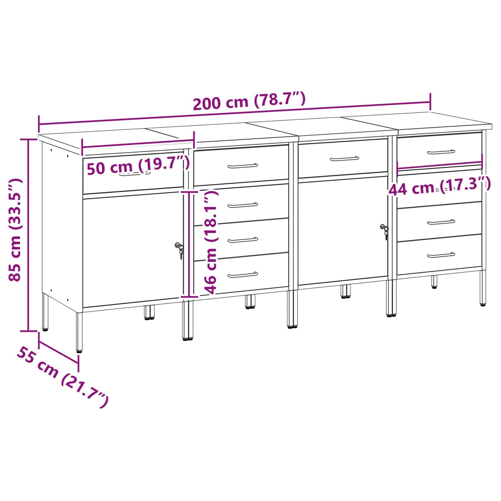 Banco da Lavoro Moderno con 4 Cassetti Rosso e Grigio 200 x 55 x 85 cm in Legno e Acciaio Robusto Banco da Lavoro per Officina Design Loft Industrial Storage Versatile
