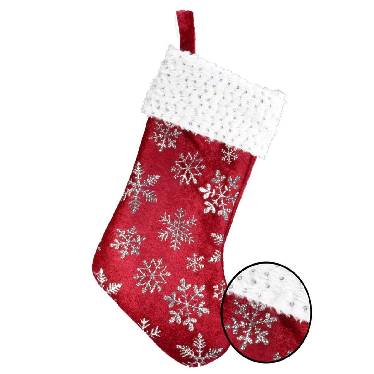 Theme Machine Red/Silver Christmas Velvet Stocking With Glitter Snowflakes And Sequins