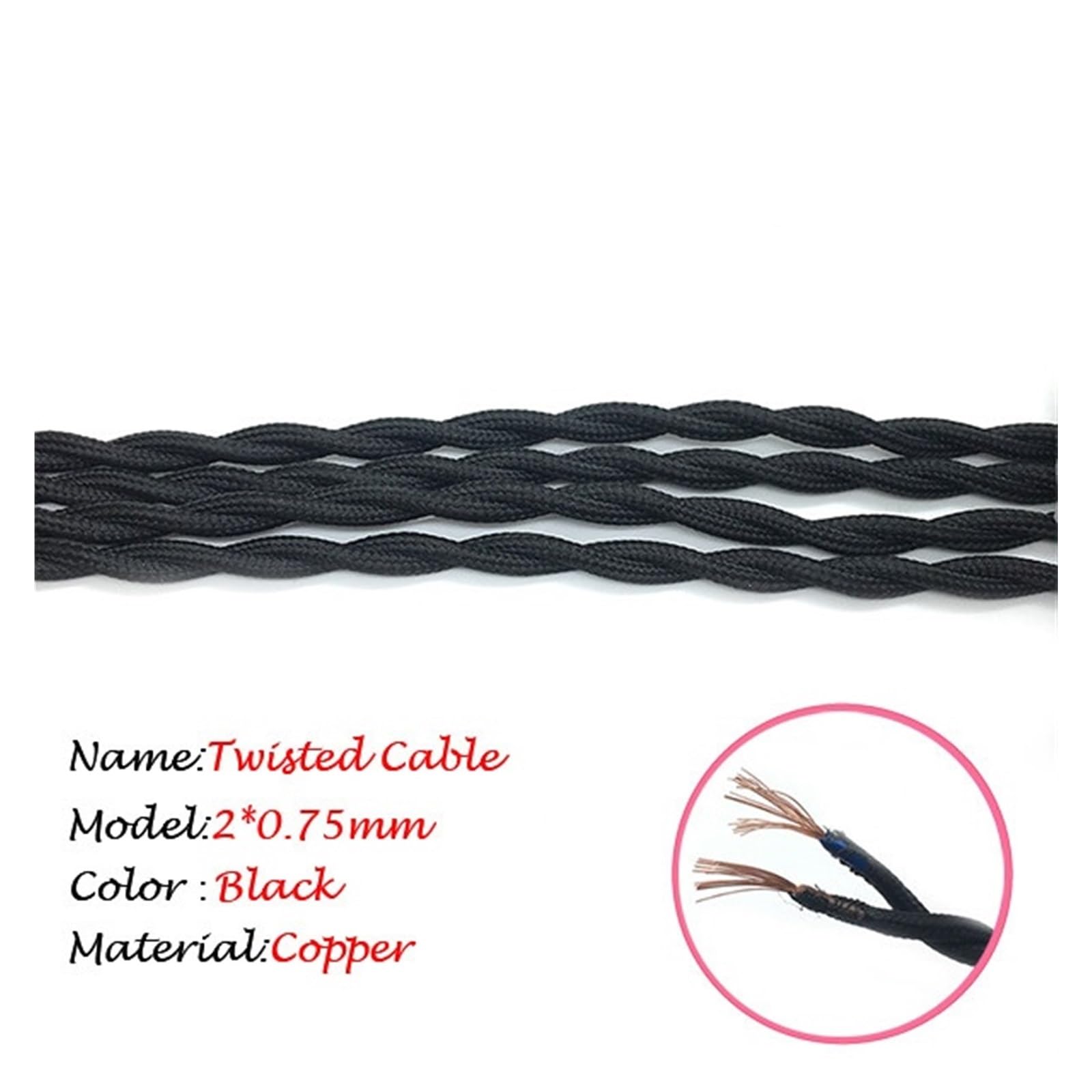 przewód elektryczny, Kabel zasilający pleciony 2-żyłowy 0,75 mm w oplocie tekstylnym(Black,30m)