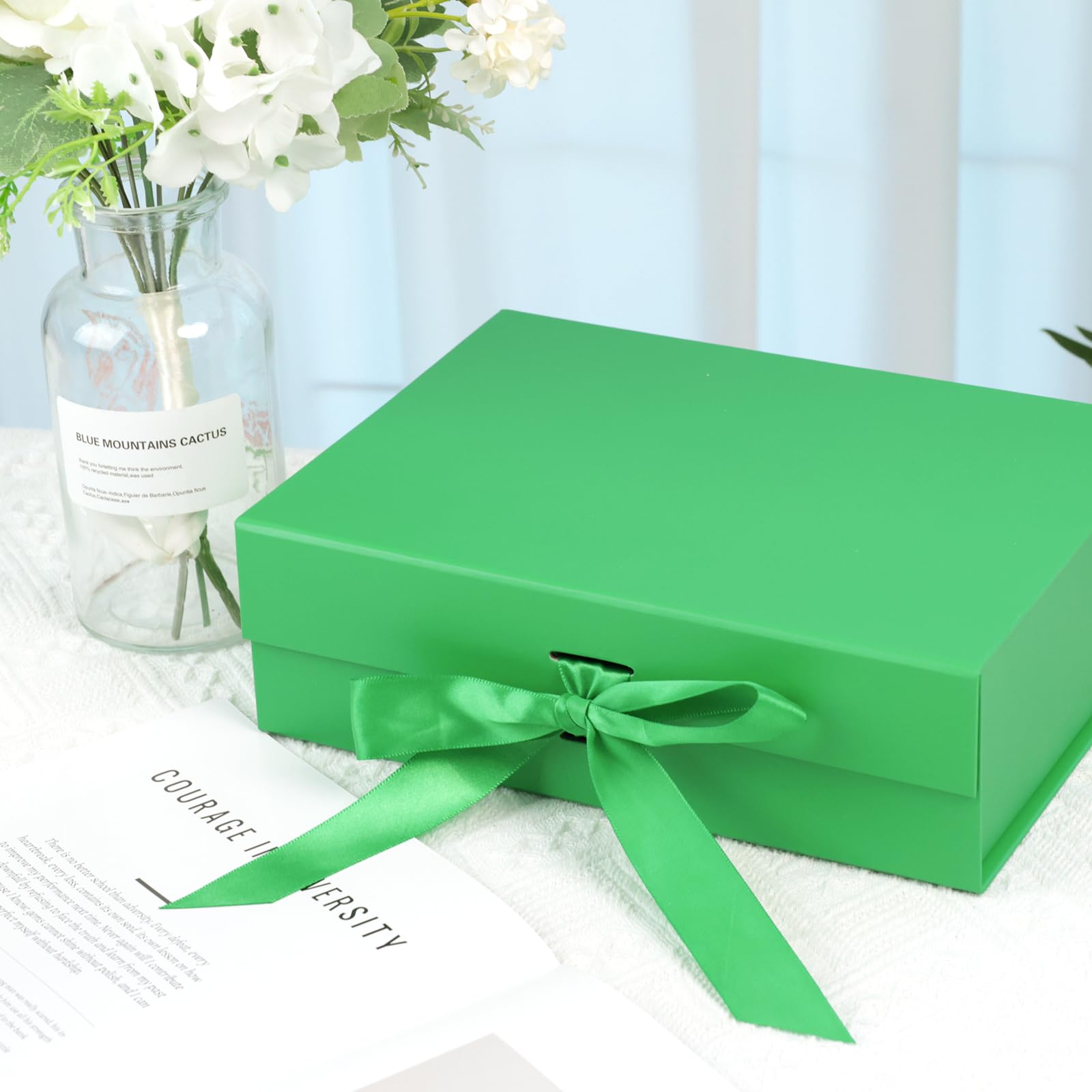 Shindel Luxury Gift Box with Lid - 10.5" x 7.5" x 3.1", Green, Magnetic, Bridesmaid Box with Ribbon and Greeting Card