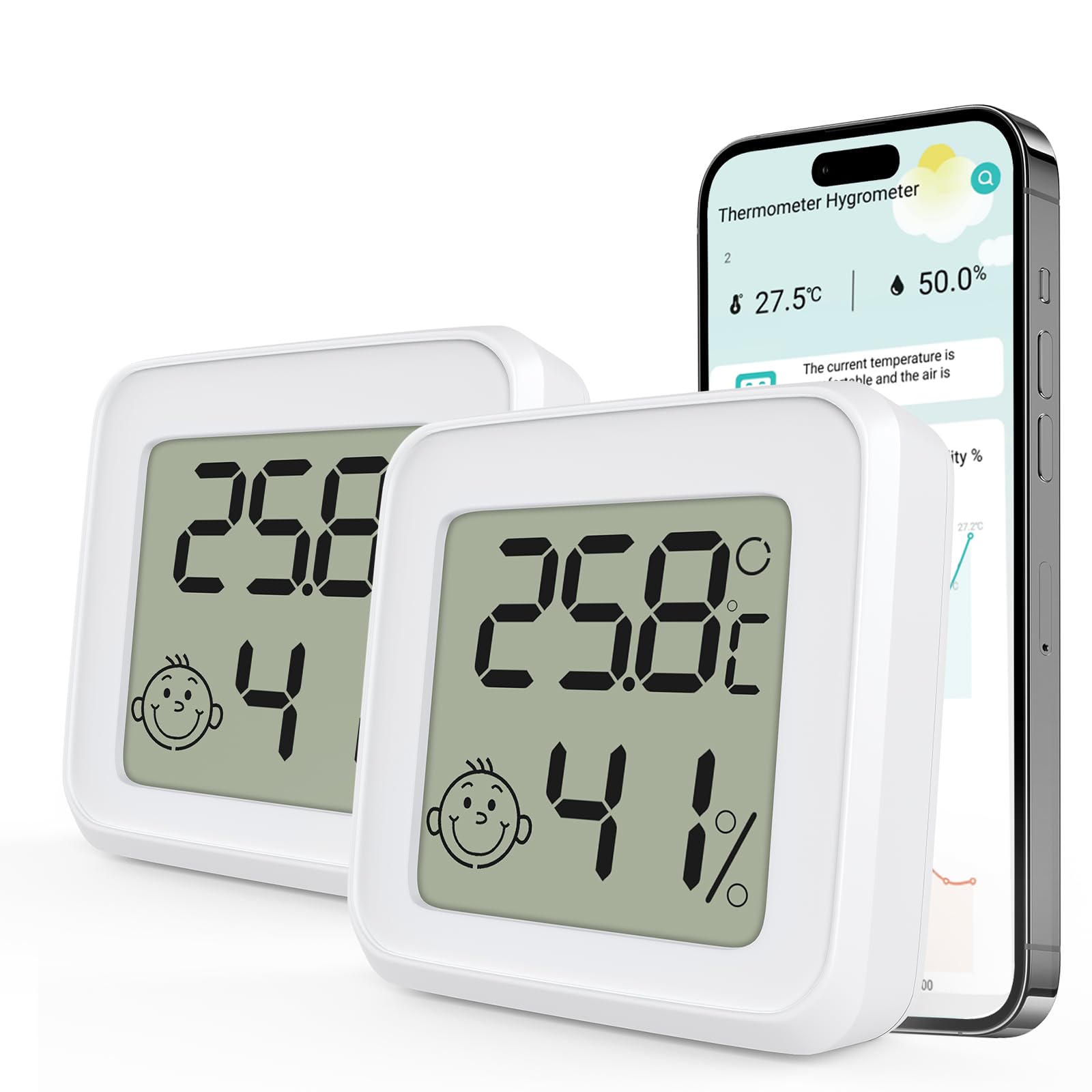 AOOSU Indoor Thermometer and Hygrometer, Mini LCD Digital Thermometer with Alarm and Notification Function, Humidity Meter and Temperature Monitor with App and Free 30-Day Data Recording ℃/℉ 2PCS