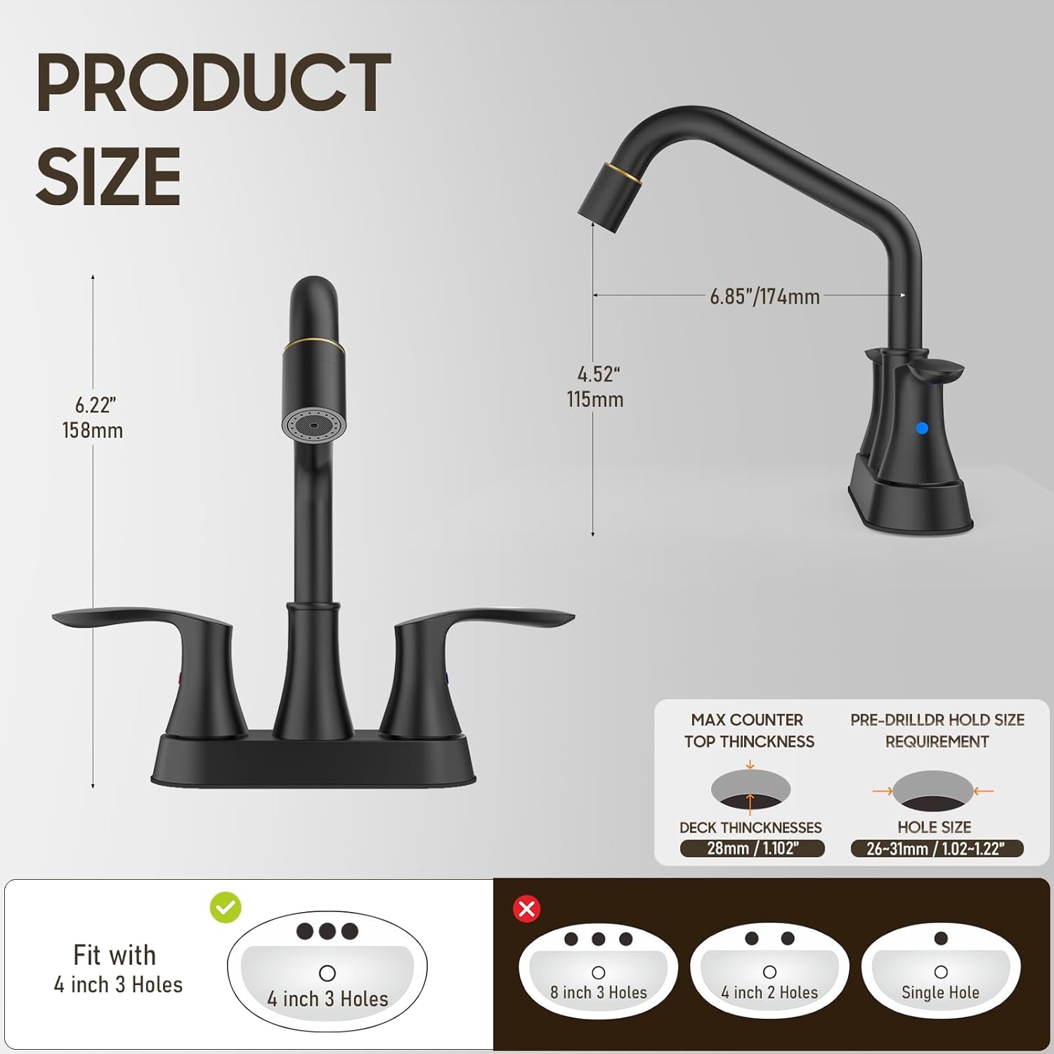 Phiestina Black Utility Sink Faucet 3 Hole, Laundry Sink Faucet with Pull Out Sprayer, Long Spout Dual Handle Modern Bathroom Faucet, 4 Inch CenterSet Laundry & Utility Room Sink Faucets, LF36CL-2M-MB