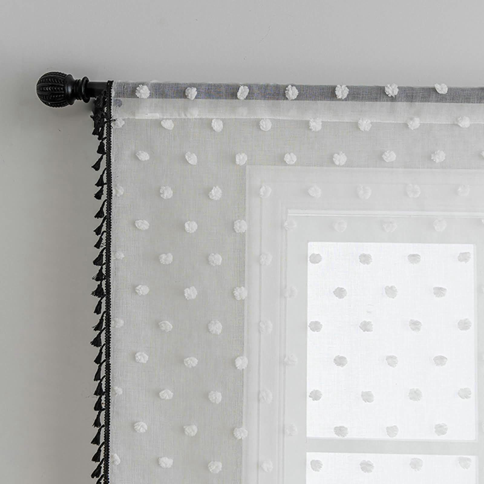 Gualiy Tende per Salotto Trasparenti, Tenda Camera Finestra 2 Pezzi 100x200CM con Pompon e Nappe Tenda Finestra Bianco Nero Tenda per Finestre a Vetro