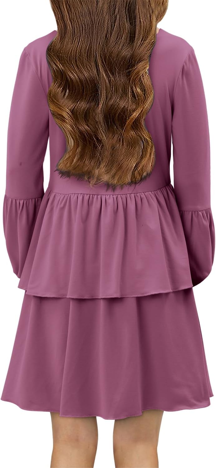 storeofbaby Girls Long Sleeve Dress Casual V Neck Loose Fit Flowy Swing Dresses 4-13 Years - Image 4