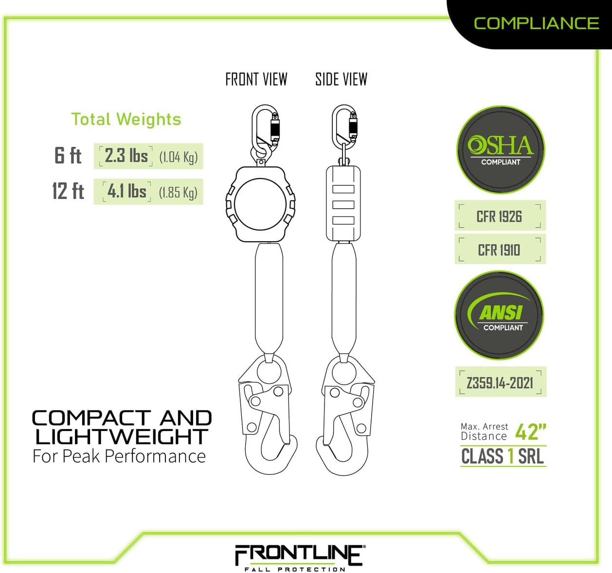 Frontline RPAS Aramid Fiber Web SRL | 6'-12' Single Leg | Steel Snap Hook | Lightweight & Compact | Durable Housing | Quick-Action Brake | 310 lbs Capacity | ANSI & OSHA Compliant.