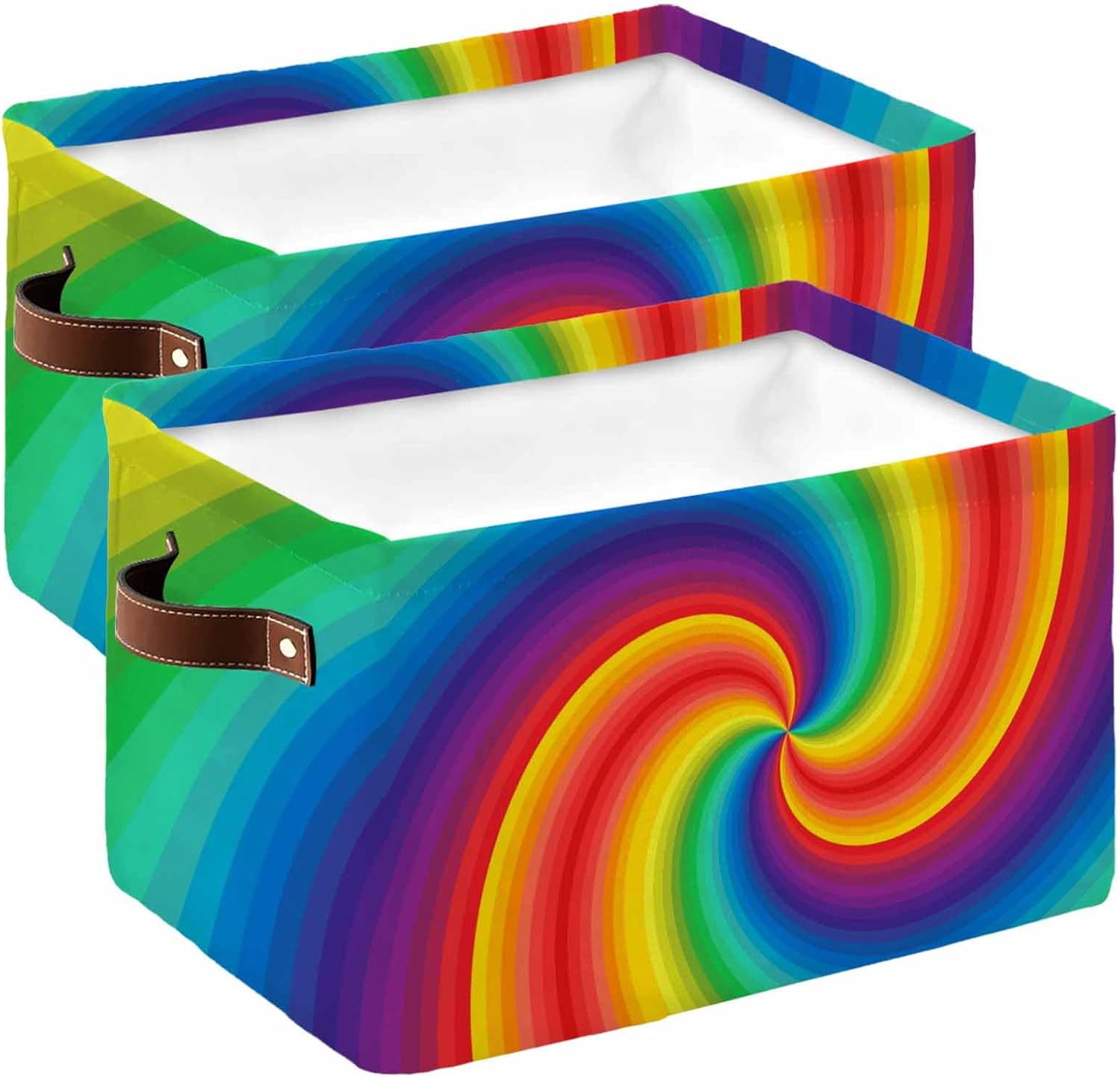 Rainbow Striped Storage Basket for Shelves, Colorful Abstract Spiral Aesthetic Art Storage Cube Fabric Storage Bins, Closet Organizers with Handles for Cloth, Book, Playing, 15"x11"x9.5", 2 Pack