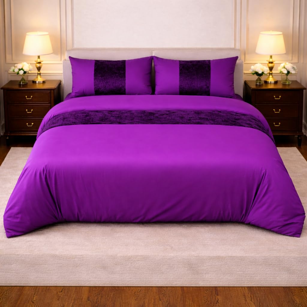 Hadi London Crushed Velvet Panel Duvet Cover Bedding Set – Ultra Soft & Breathable – Luxury Comforter Set with Pillowcases – Single, Double, King Sizes (PURPLE, SINGLE)