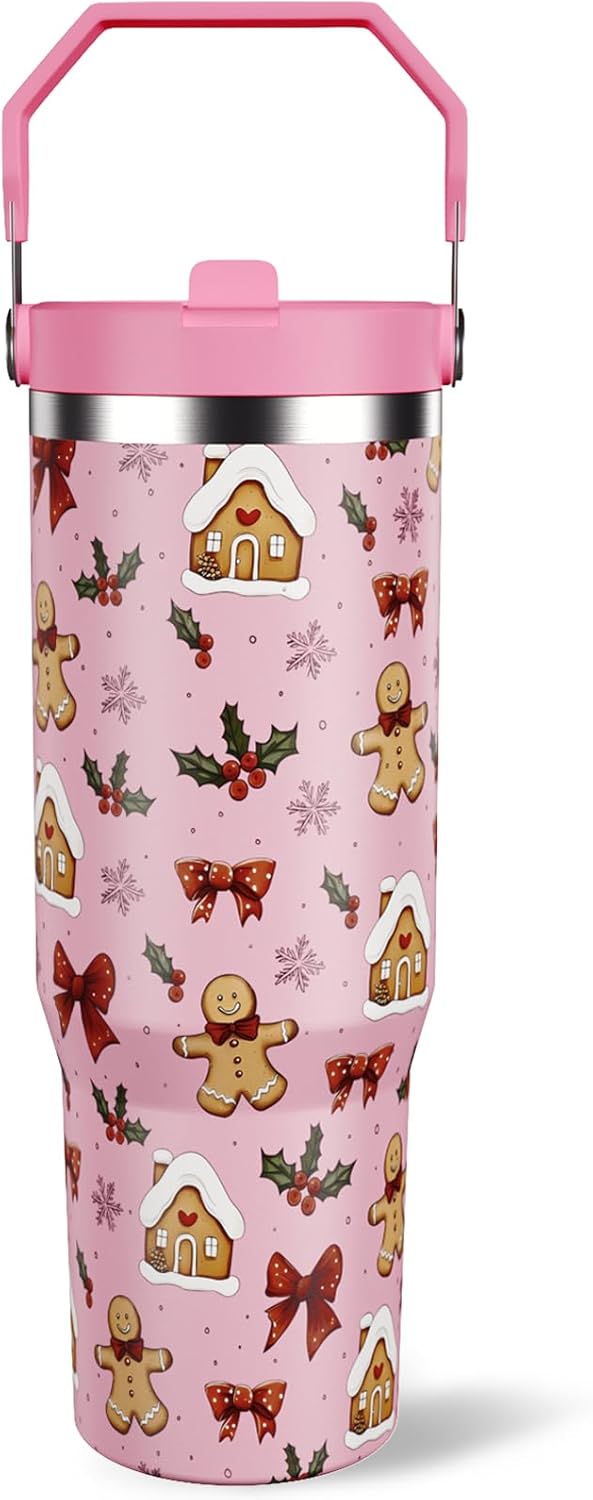 30 oz Christmas Tumbler with Lid and Straw, Gingerbread Tumbler Insulated Coffee Travel Mugs Cup Water Bottle Cute Christmas Gifts for Women Girls