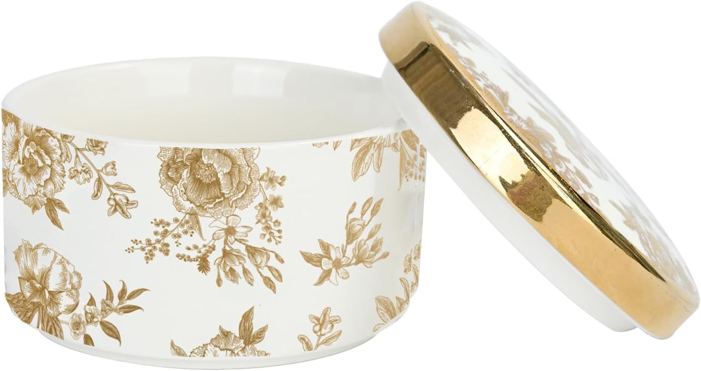 Sweet Water Decor Gold Delft Round Trinket Box, Jewelry Storage for Nightstand, Dresser, or Counter, Small Ring & Keepsake Storage, Elegant Gift for Wedding, Anniversary or Hostess