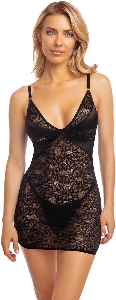 Oh là là Chéri Women's Sexy Amaya Soft Cup Fitted Snake Lace Babydoll With Satin Inserts and Matching G-string