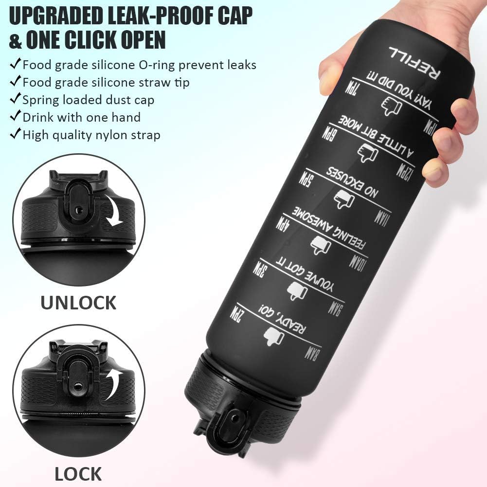 32 oz Motivational Water Bottle with Time Marker & Straw - BPA Free & Leakproof Tritian Frosted Portable Reusable Fitness Sport 1L Water Bottle for Men Women Kids Student to Office School Gym Workout