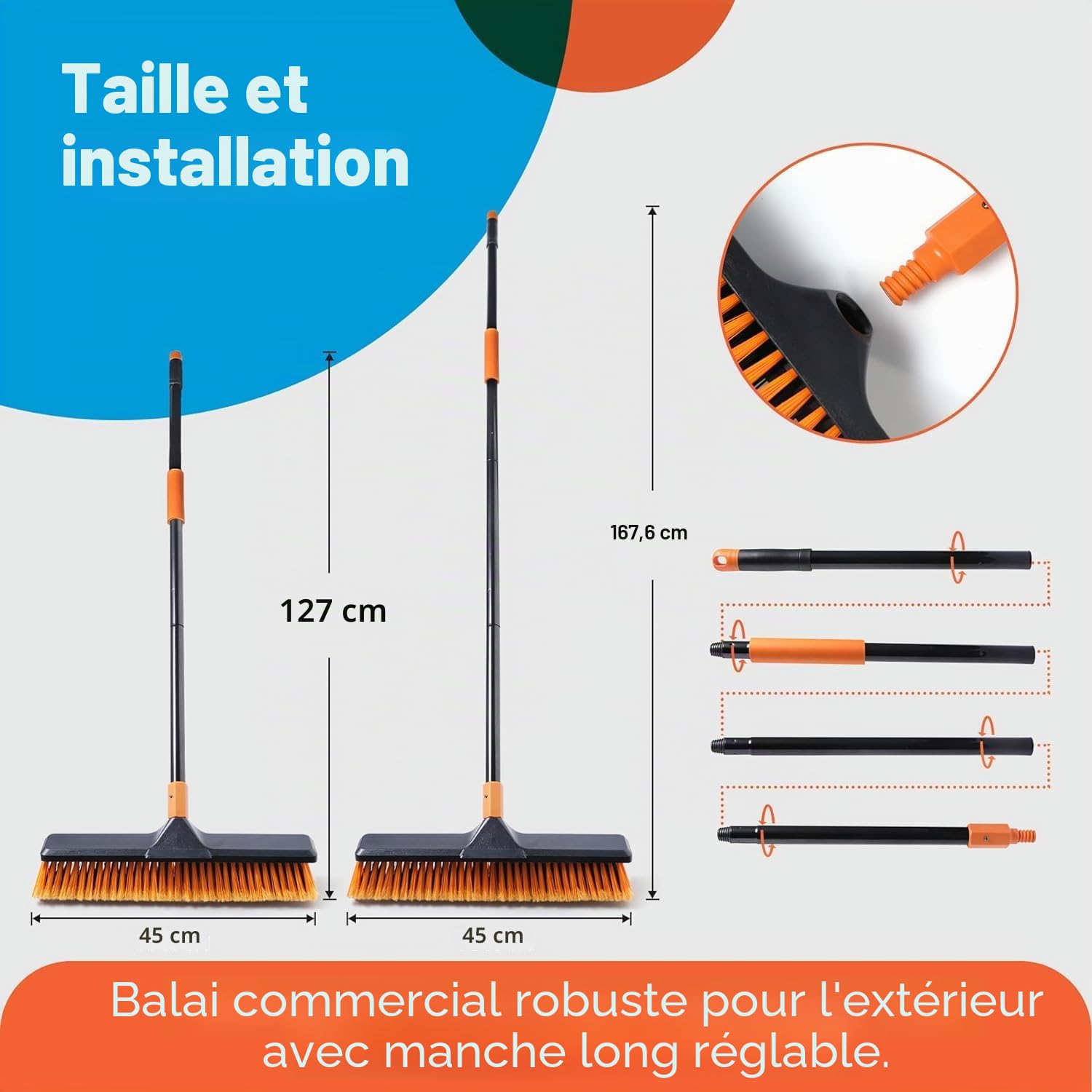 Balai de jardin d'extérieur très résistant, brosse pour gazon artificiel 2-1 CLEANHOME 45,7 cm, convient pour les jardins, usines, écoles, cour brosse robuste d'extérieur (orange noir)