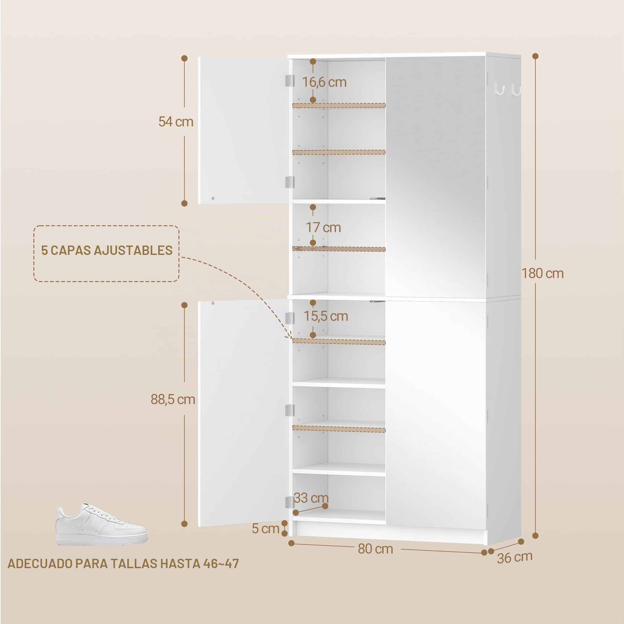 Hzuaneri Zapatero Alto con Espejo, Mueble de Recibidor para 36-40 Pares de Zapatos, Armario de Entrada con Mecanismo Push-to-Open, Estantes Ajustables, 2 Ganchos y Estante Abierto 36x80x180 cm Blanco | Apertura por presión, separador ajustable, 2 ganchos,