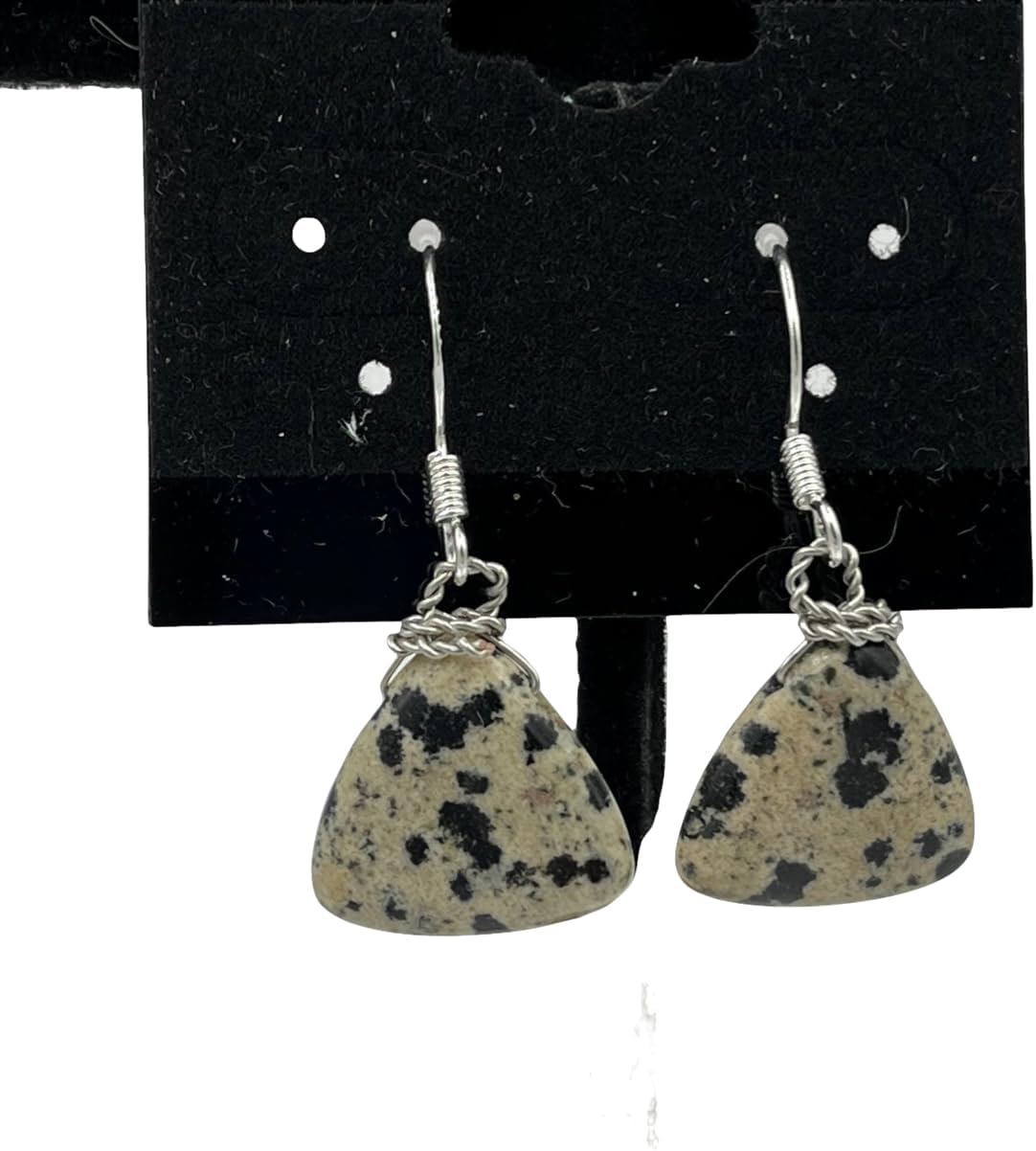 Natural Dalmatian Jasper Gemstone Triangle Sterling Silver Dangle Earrings