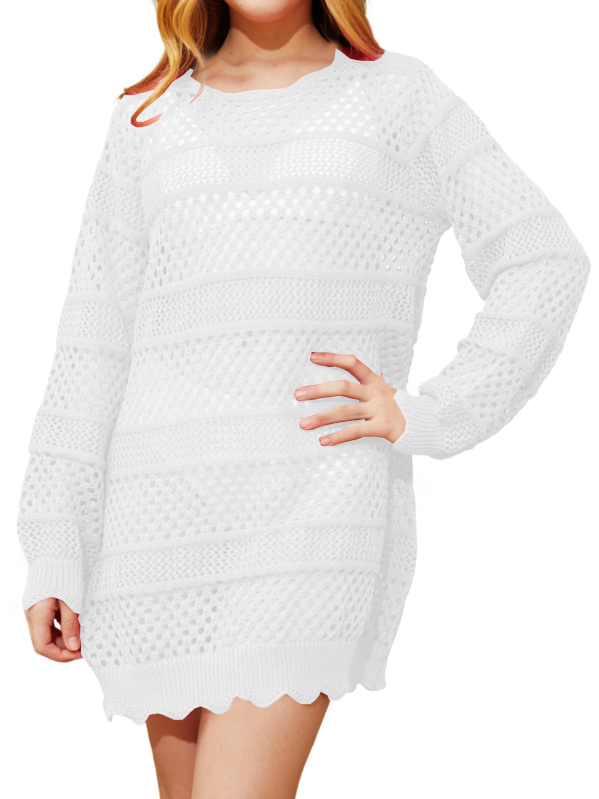 CharmWM Girls Long Sleeve Swimsuit Cover Up Kids Fashion Crochet Swim Coverup Beach Dress 5-14 Years White