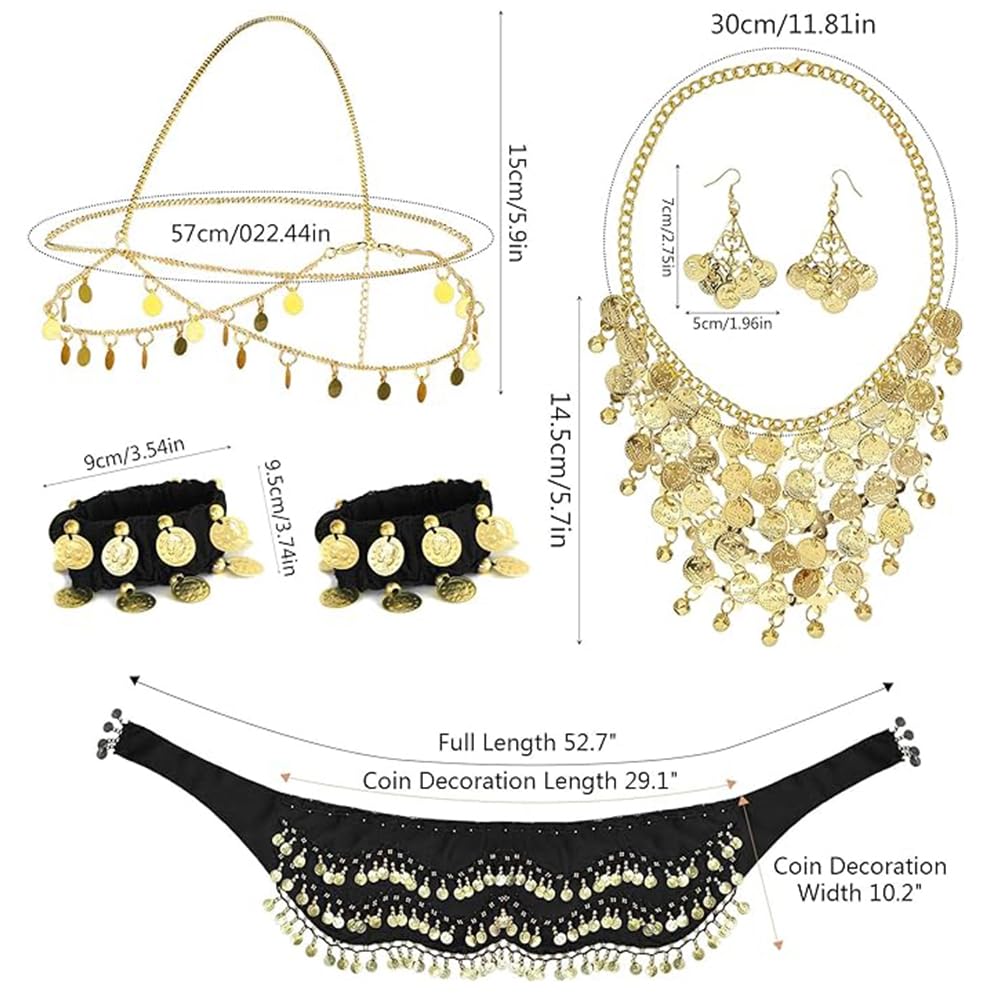 7 Pièces Ensemble d'Accessoires de Danse du Ventre pour Danse du Ventre, Écharpe, Boucles d'Oreilles Or, Collier, Bracelets et Coiffe, Spectacle Scène