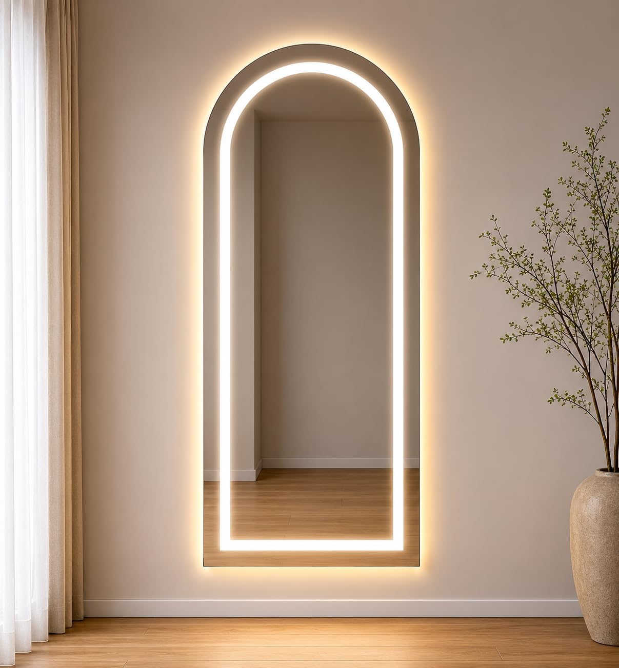 creative arts n frames led wall mount hd mirror with 3 color light tone for home wall living room bedroom bathroom hotel decor items (18x48 full length arch shape)