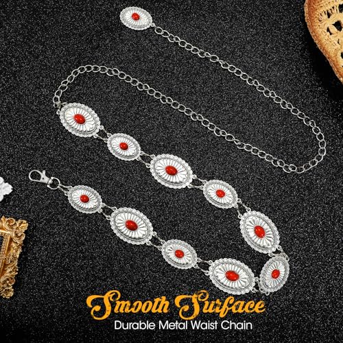 SANSTHS Western Metal Concho Belt for Women, Waist Chain Cowgirl Belt for Dresses Jeans Pants with Silver Chain, red gem L2