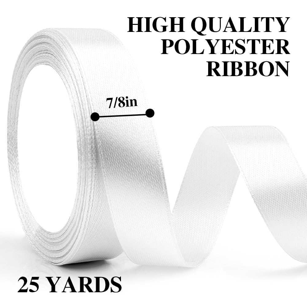 White Satin Ribbons - 22mm x 23m, Gift Wrapping, Balloons, Wedding, DIY Sewing - Image 2