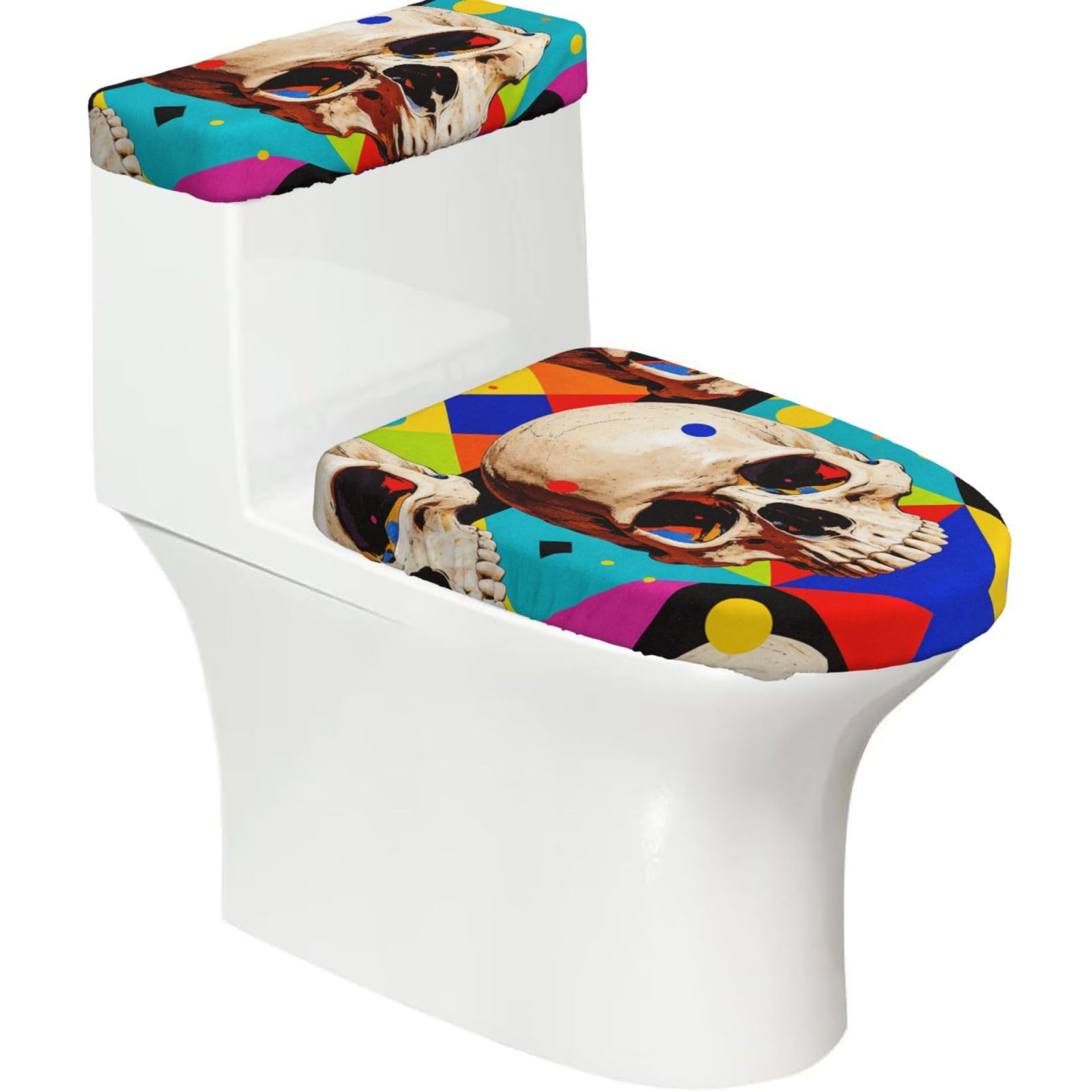 Duykimqw Black Skulls On Vibrant Geometric Print Print Bathroom Toilet Lid Cover