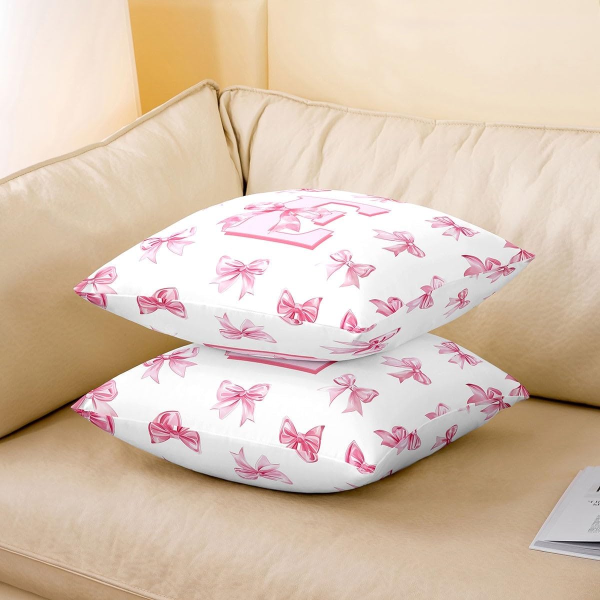 Erosebridal Dreamy Princess Bowknot Girls 18x18 Pillow Cover Kids Pink Initial Letter E Cushion Cover Cute Kawaii Letter Bow Throw Pillow Cover Romantic Chic Bowknot Decorative Pillowcase image 3