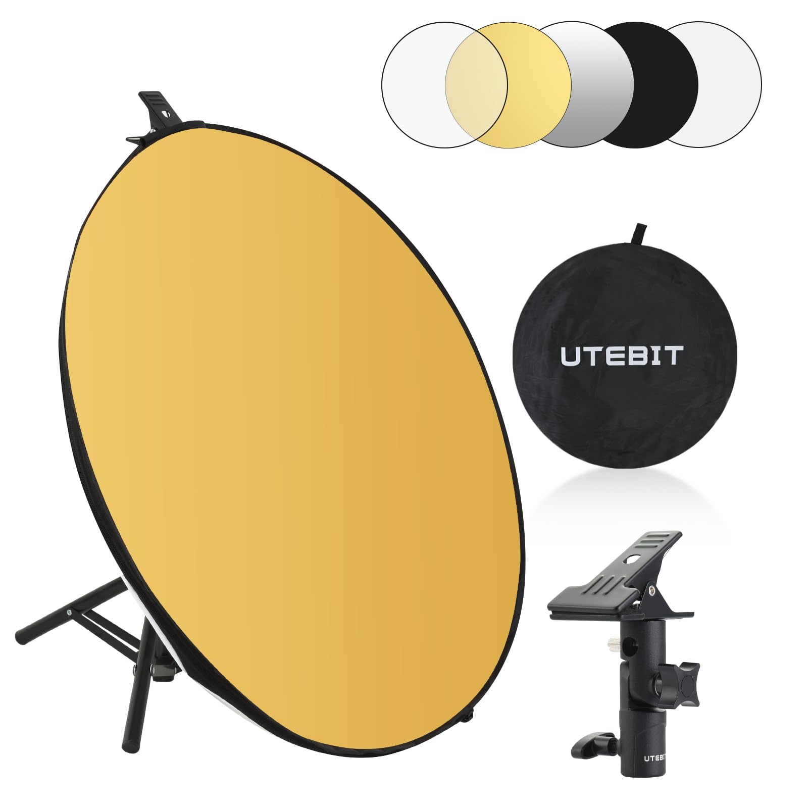 UTEBIT 5 en 1 Réflecteur Lumière avec Support de Trépied, Diffuseur de Lumière 60cm avec Sac de Transport Panneau Réflecteur Photo Pliable pour Éclairage de Studio, Translucide/Argent/Or/Blanc/Noir