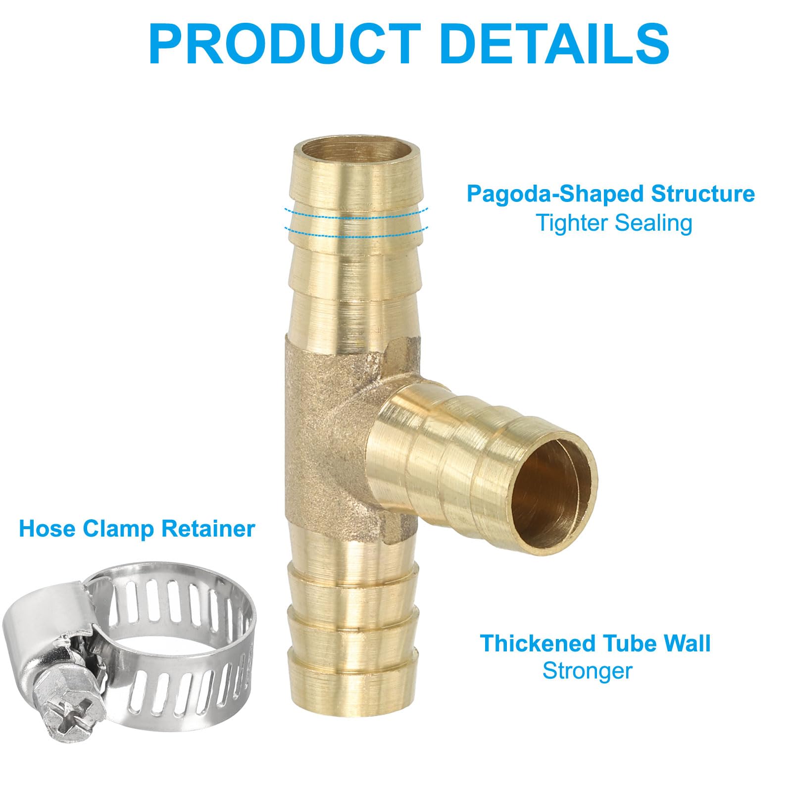 PATIKIL 1/2" Brass Tee Hose Barb Fitting, 3 Ways Union Intersection T Shape Barbed Split with Clamps for Air Water Fuel Gas Liquid, Golden — view 4
