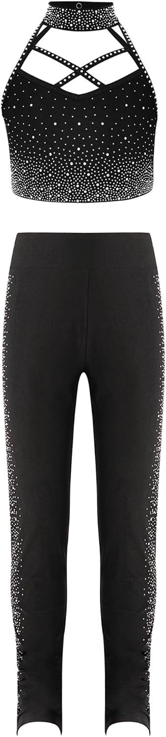 Freebily Kids Girls Sparkle Gymnastic Skating Costume Outfit Rhinestone Halter Top Elastic Waist Black 6 Years
