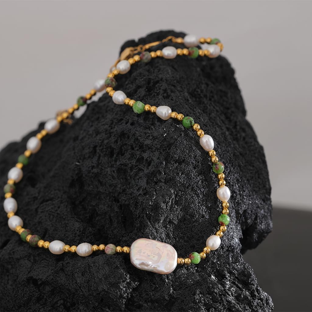 Freshwater Cultured Baroque Pearl choker and Natural Green Stone Beaded - Necklaces with Real 18K Gold Plated - Fine Jewelry for Women - Fashion Necklace Handmade - Image 2