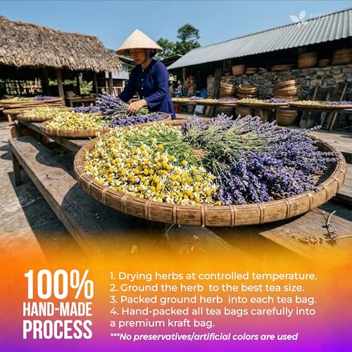 Image of FreshDrinkUS, Premium 60 Chamomile Lavender Tea Bags, Calming Herbal Blend Strong Support for Relaxation & Better Sleep | Naturally Caffeine-Free Bedtime Tea with Soothing Floral Aroma, 100% Natural, Hand-made No Sugar / Caffeine / Gluten, Vegan