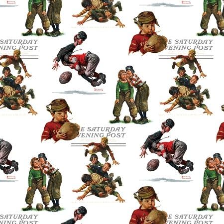 1 Yard - Satirdau Evening Post"Norman Rockwell Football Boys" on White Cotton Fabric (Great for Quilting, Sewing, Craft Projects, Throw Pillows & More) 1 Yard X 44"