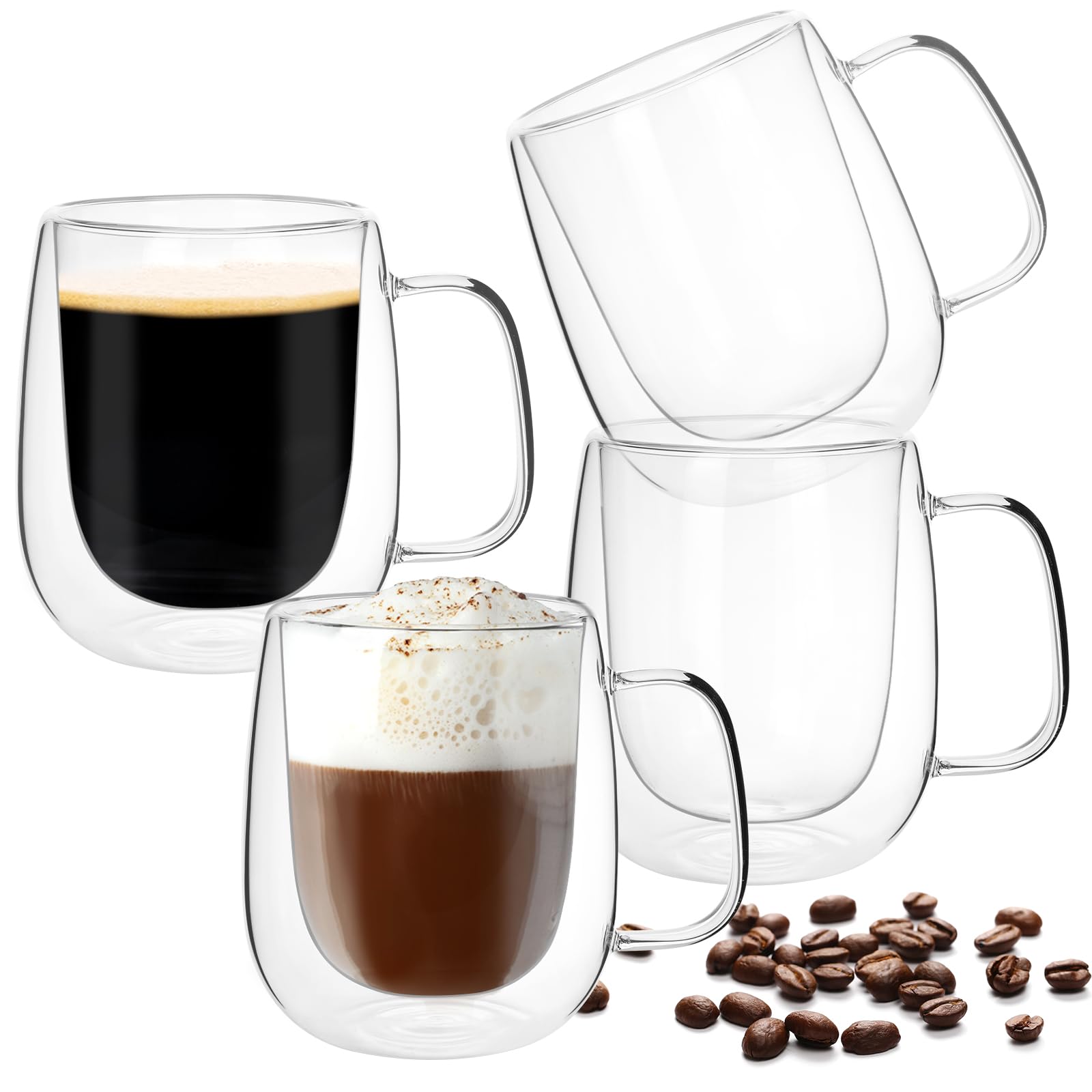 Moretoes 12oz Double Walled Glass Coffee Mugs, Glass Coffee Mugs Set of 4, Insulated, Cappuccino, Tea, Latte Cups, Hot Beverages
