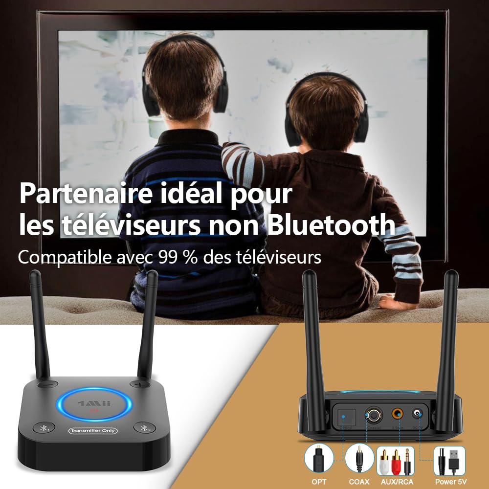 1Mii B06TX Émetteur Audio Bluetooth 5.3 pour TV, Transmetteur Adaptateur Bluetooth pour 2 Casques, aptX Faible Latence et HD, Longue Portée, Contrôle du Volume, AUX RCA Optique Coaxiale [Upgraded]